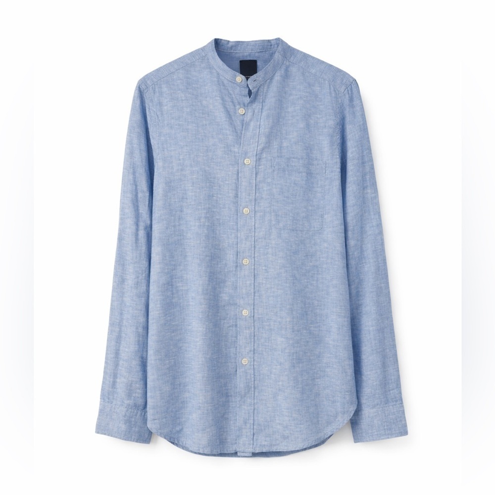 H&M Linen Cotton Blend Band Collar Button Up Shirt Blue XS NWT